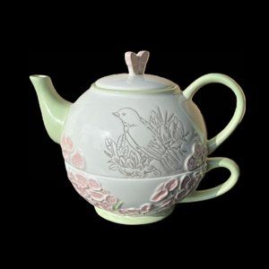 Grasslands Road Tea for One-Ambiance Bird Mint Green & Pink w/Butterfly on Lid